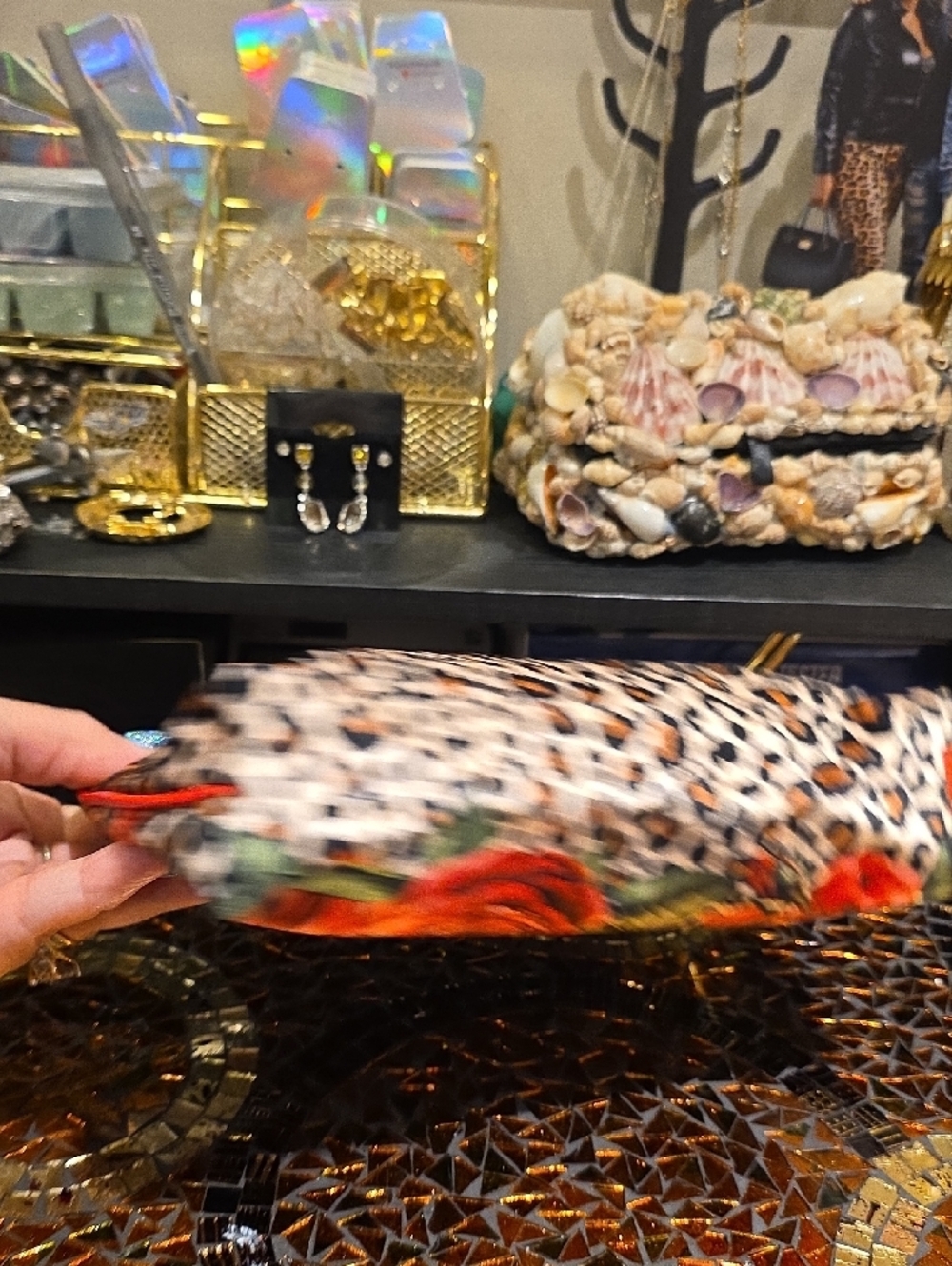 Estee Lauder Leopard Print Cosmetic Bag with Red Roses and Multicolor Butterfly - Picture 4 of 8